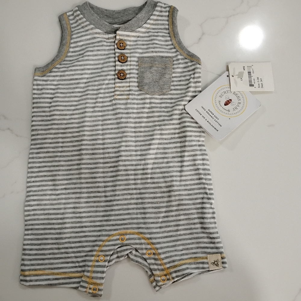 Burt's Bees Baby Gray and White Striped Sleeveless Romper Size 0-3mo NWT